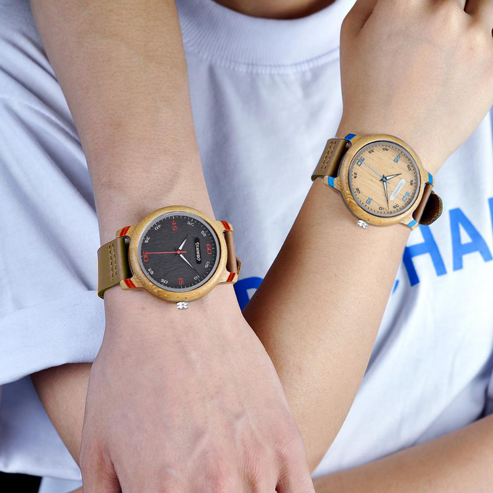 Reloj de madera de bambú y cuero para Mujer Grabado personalizado